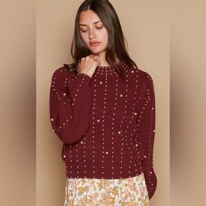 NEW! POL Burgundy Pearl Accented Sweater